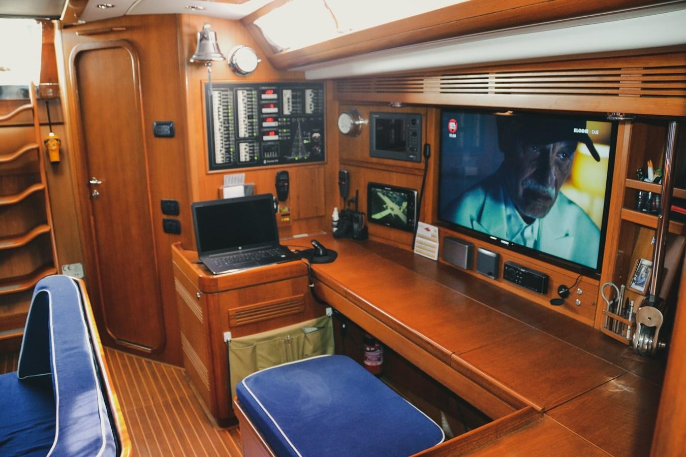 a room with a tv and a laptop aboard DESIRADE III Yacht for Sale