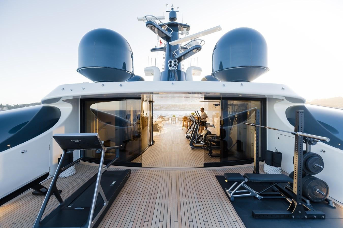 a large white airplane with a large propeller on it aboard HERE COMES THE SUN Yacht for Sale