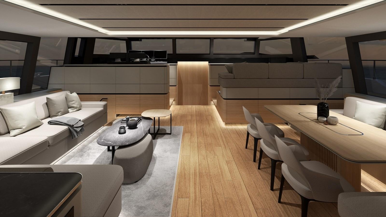 a room with white couches and tables aboard SERENITY 72 POWER CATAMARAN Yacht for Sale