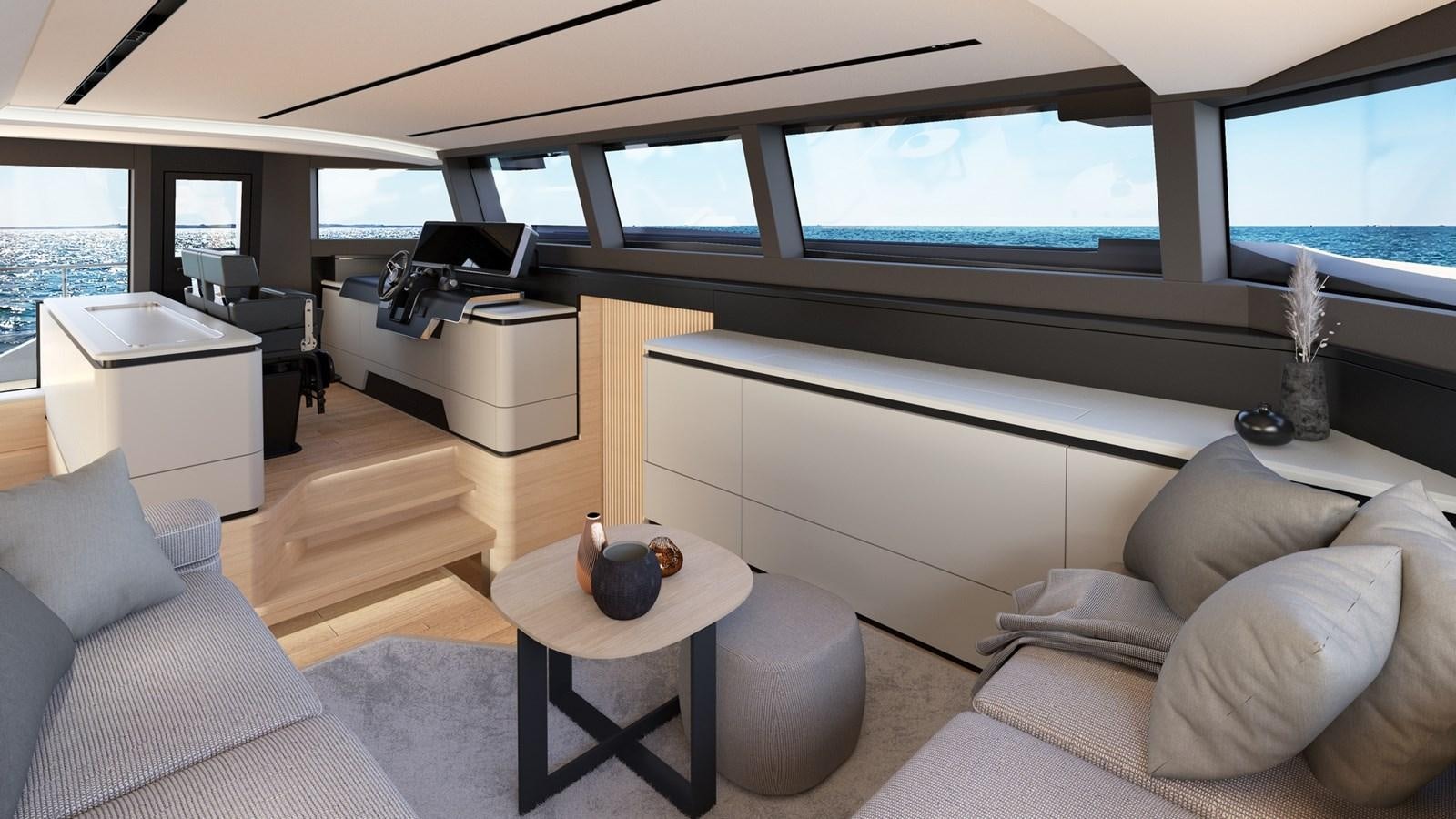 a living room with a couch and a tv aboard SERENITY 72 POWER CATAMARAN Yacht for Sale