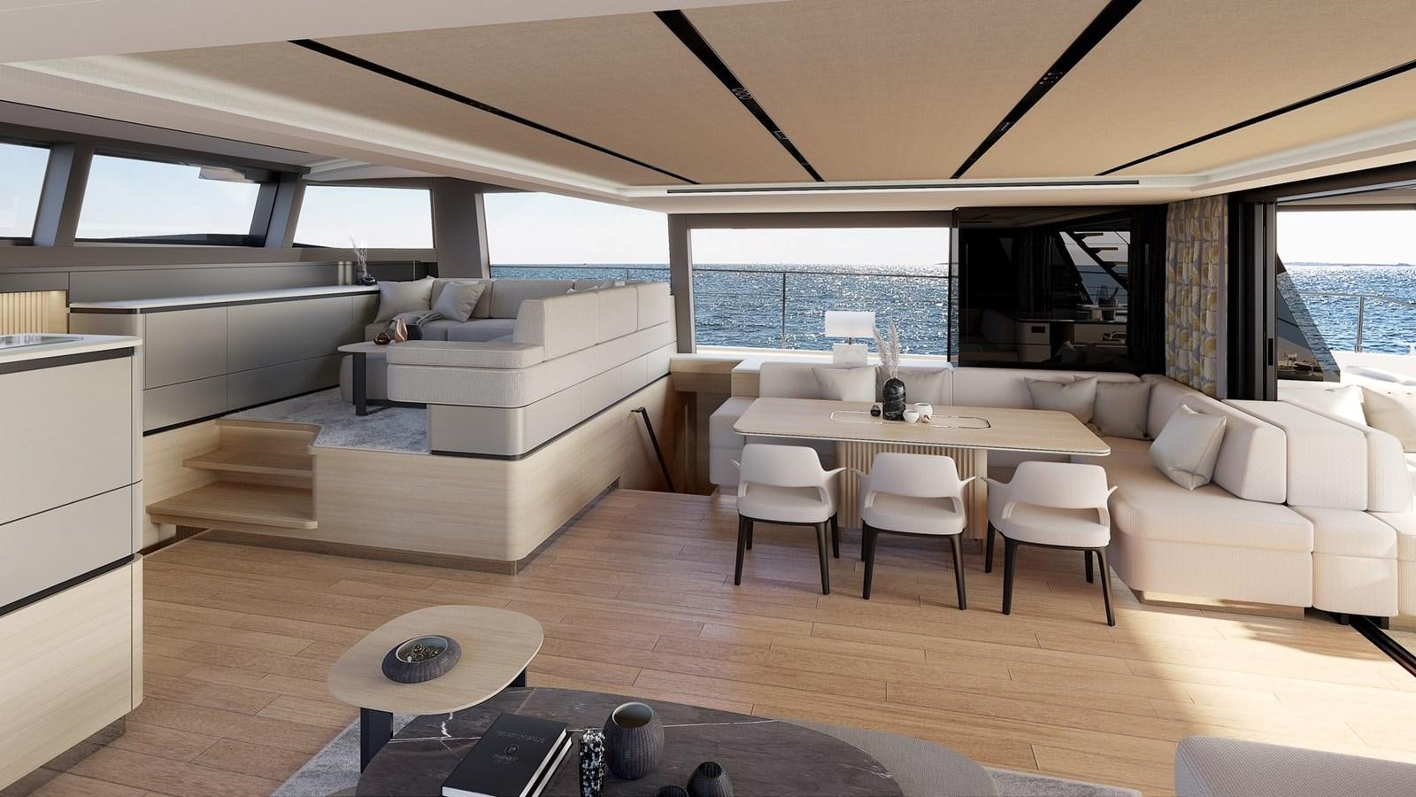 a living room with a couch and a table aboard SERENITY 72 POWER CATAMARAN Yacht for Sale