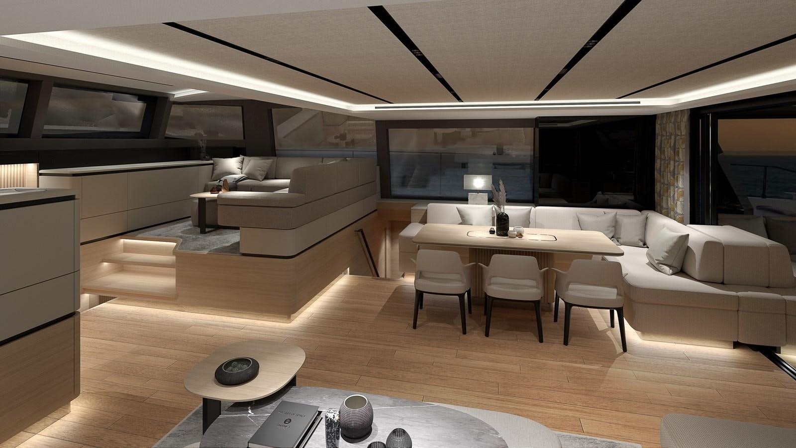 a living room with a couch and a table aboard SERENITY 72 POWER CATAMARAN Yacht for Sale