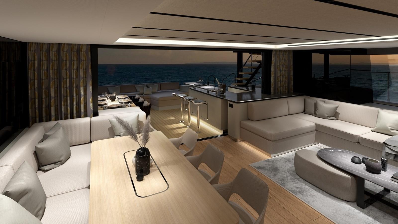 a living room with a large window aboard SERENITY 72 POWER CATAMARAN Yacht for Sale