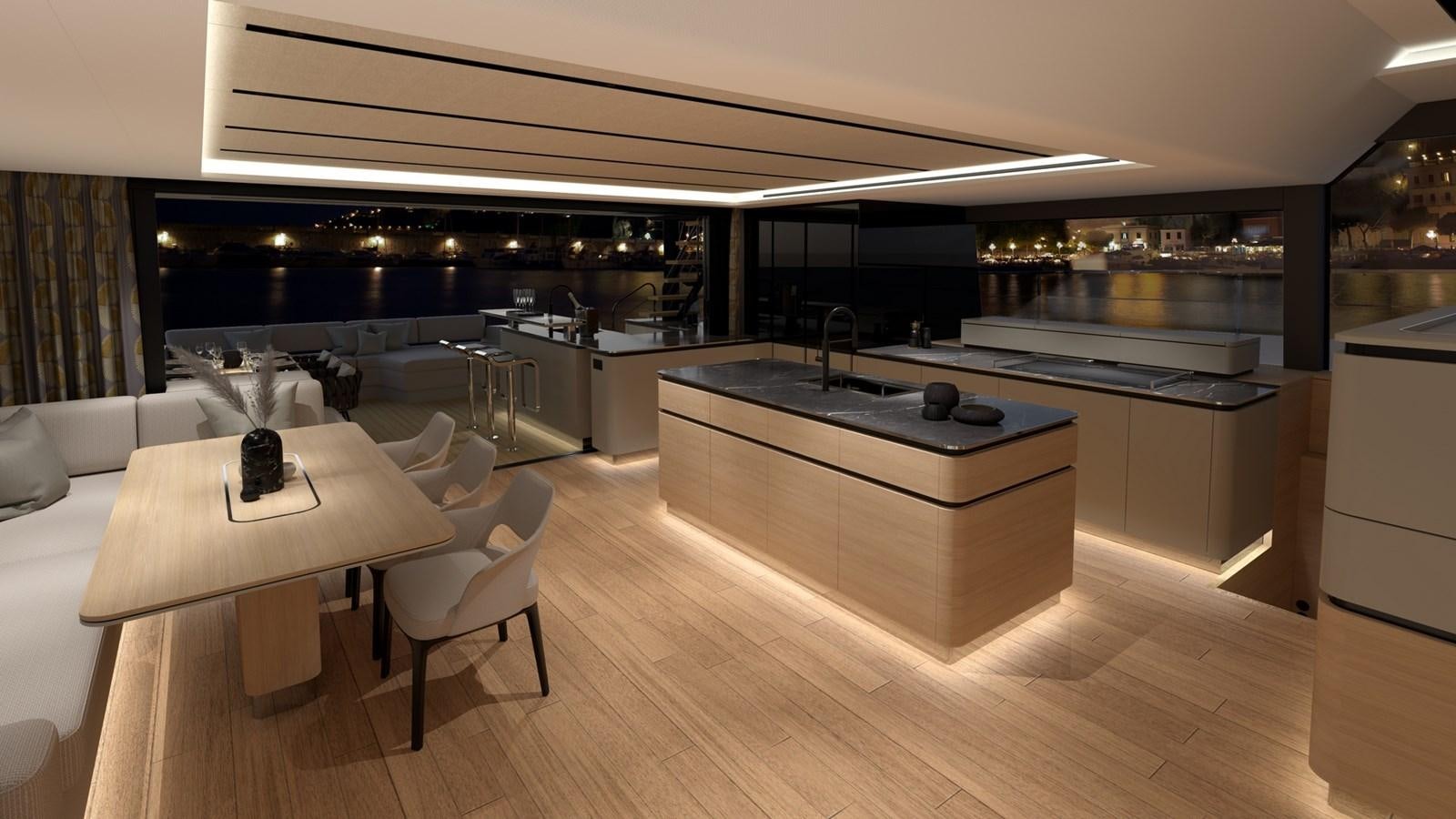 a large kitchen with a table and chairs aboard SERENITY 72 POWER CATAMARAN Yacht for Sale