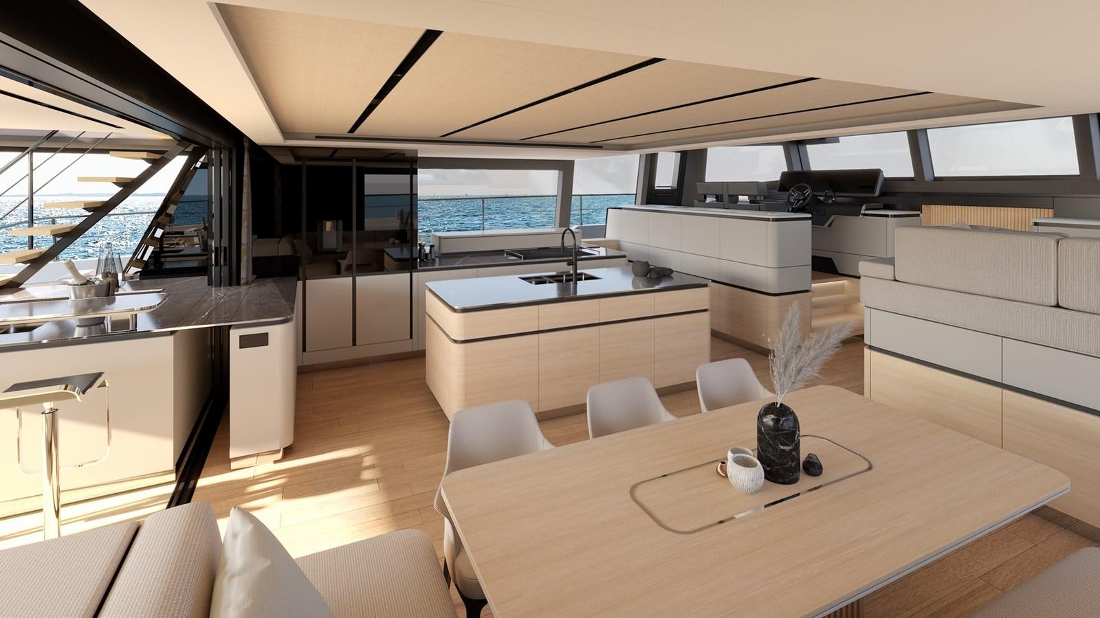 a room with a table and chairs aboard SERENITY 72 POWER CATAMARAN Yacht for Sale