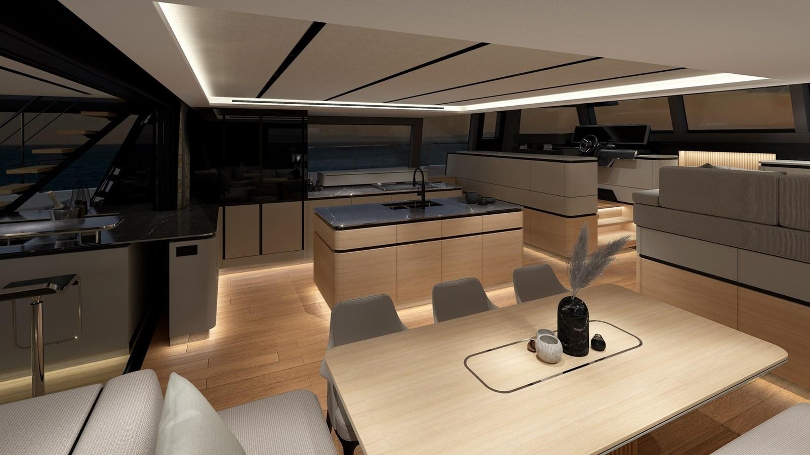 a room with a table and chairs aboard SERENITY 72 POWER CATAMARAN Yacht for Sale