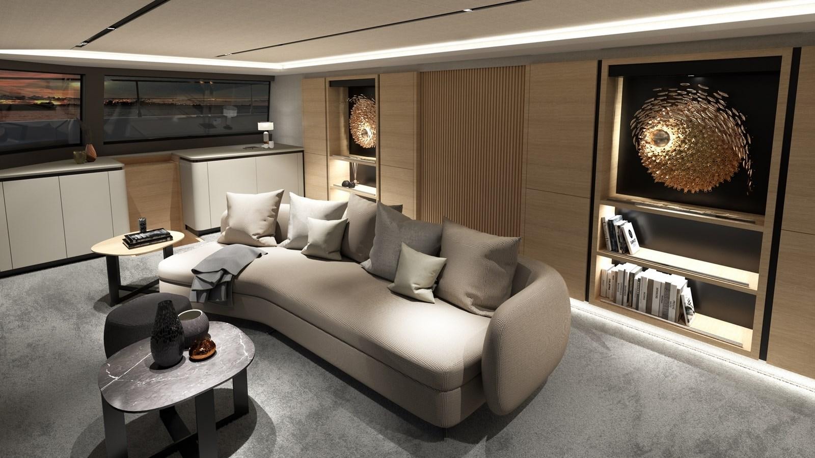 a living room with a white couch aboard SERENITY 72 POWER CATAMARAN Yacht for Sale