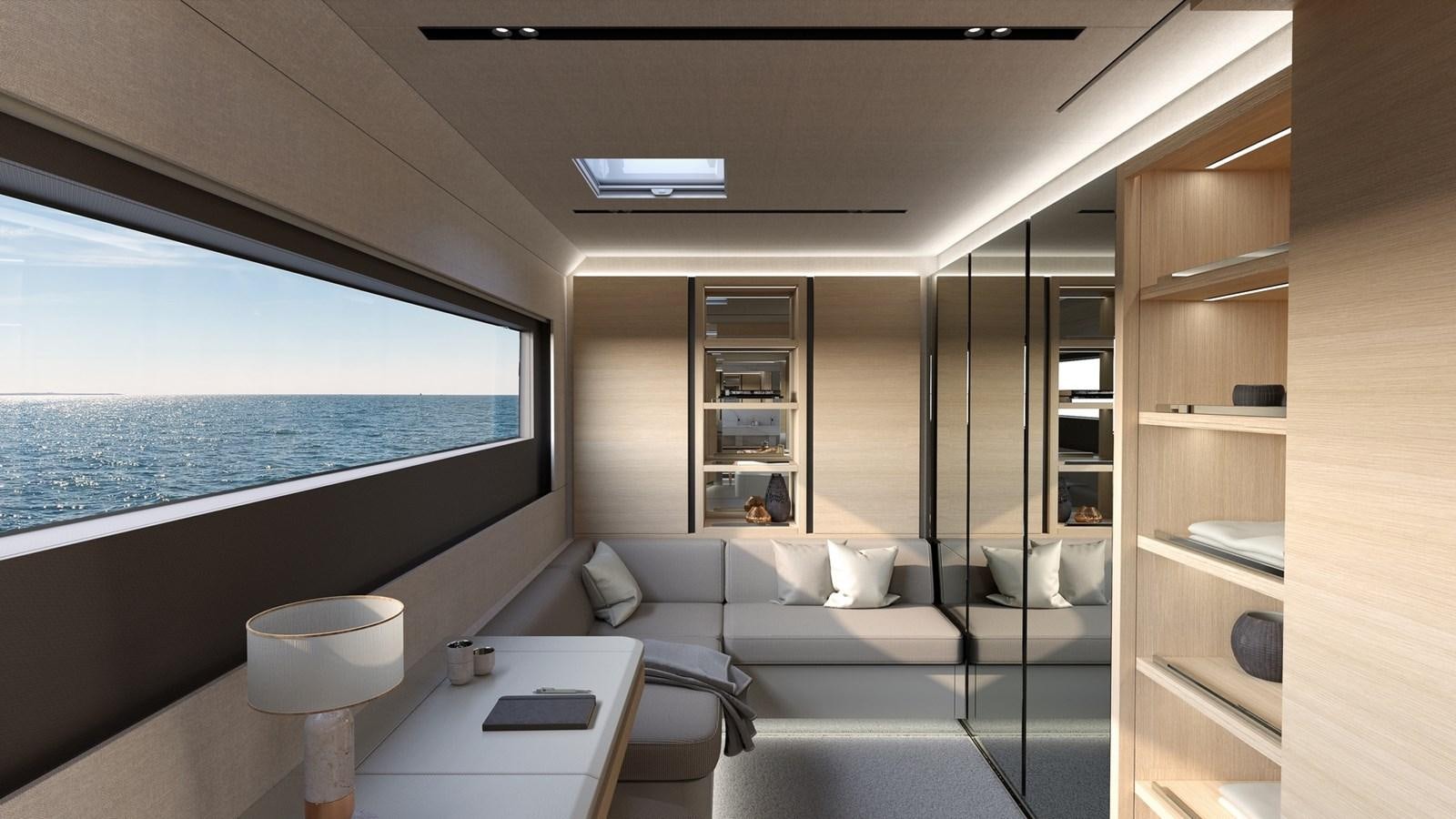 a room with a bed and a desk aboard SERENITY 72 POWER CATAMARAN Yacht for Sale