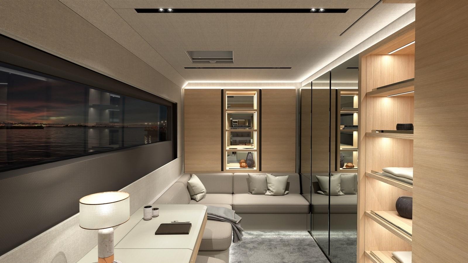 a room with a bed and a desk aboard SERENITY 72 POWER CATAMARAN Yacht for Sale