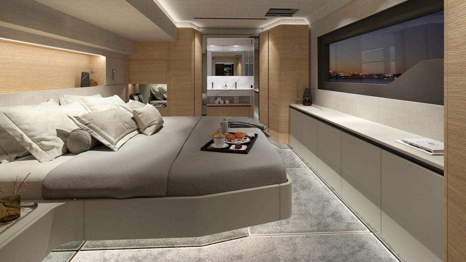 a room with a bed and a table aboard SERENITY 72 POWER CATAMARAN Yacht for Sale