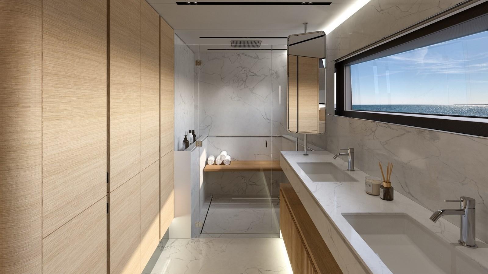 a bathroom with a large window aboard SERENITY 72 POWER CATAMARAN Yacht for Sale
