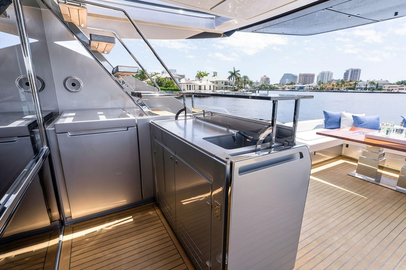 a kitchen with a view of the city aboard PERRI BEACH Yacht for Sale