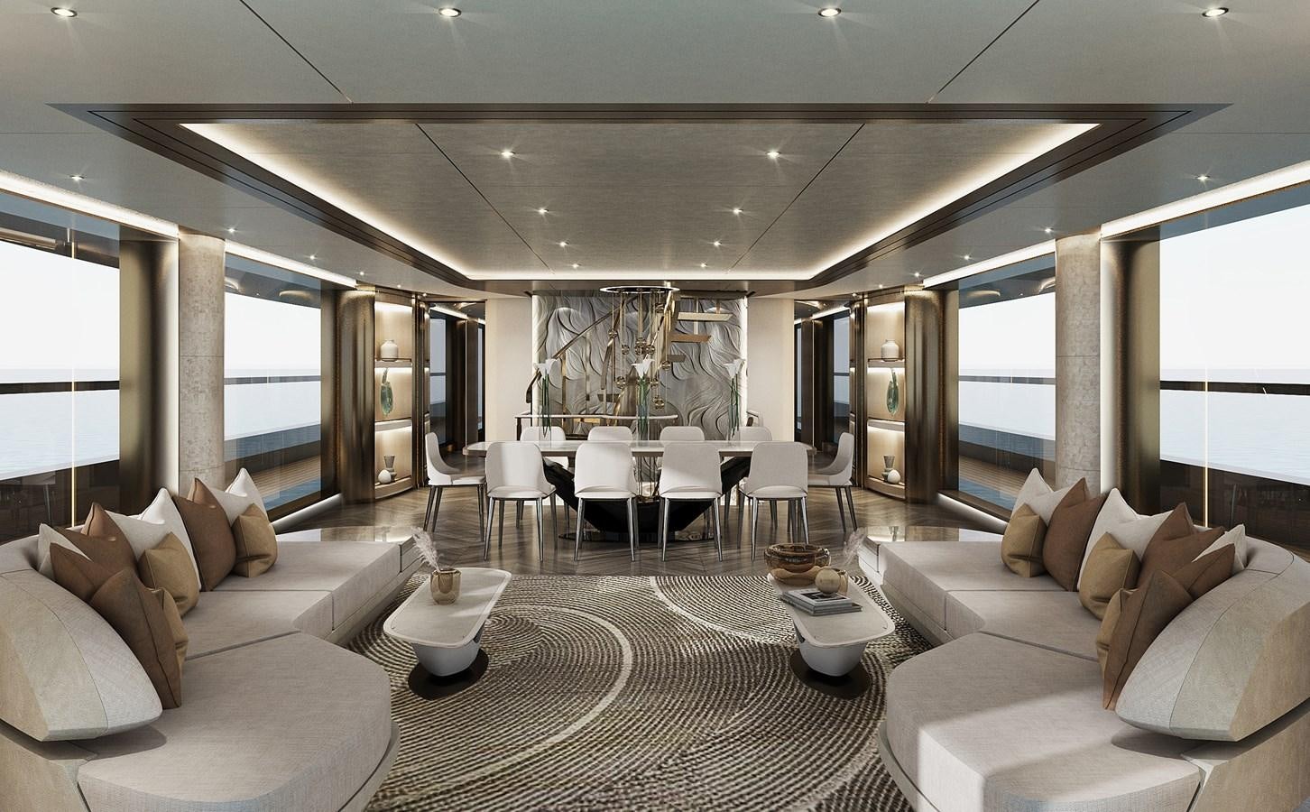 a large living room with a large window aboard VIRTUS XP HULL 02 Yacht for Sale