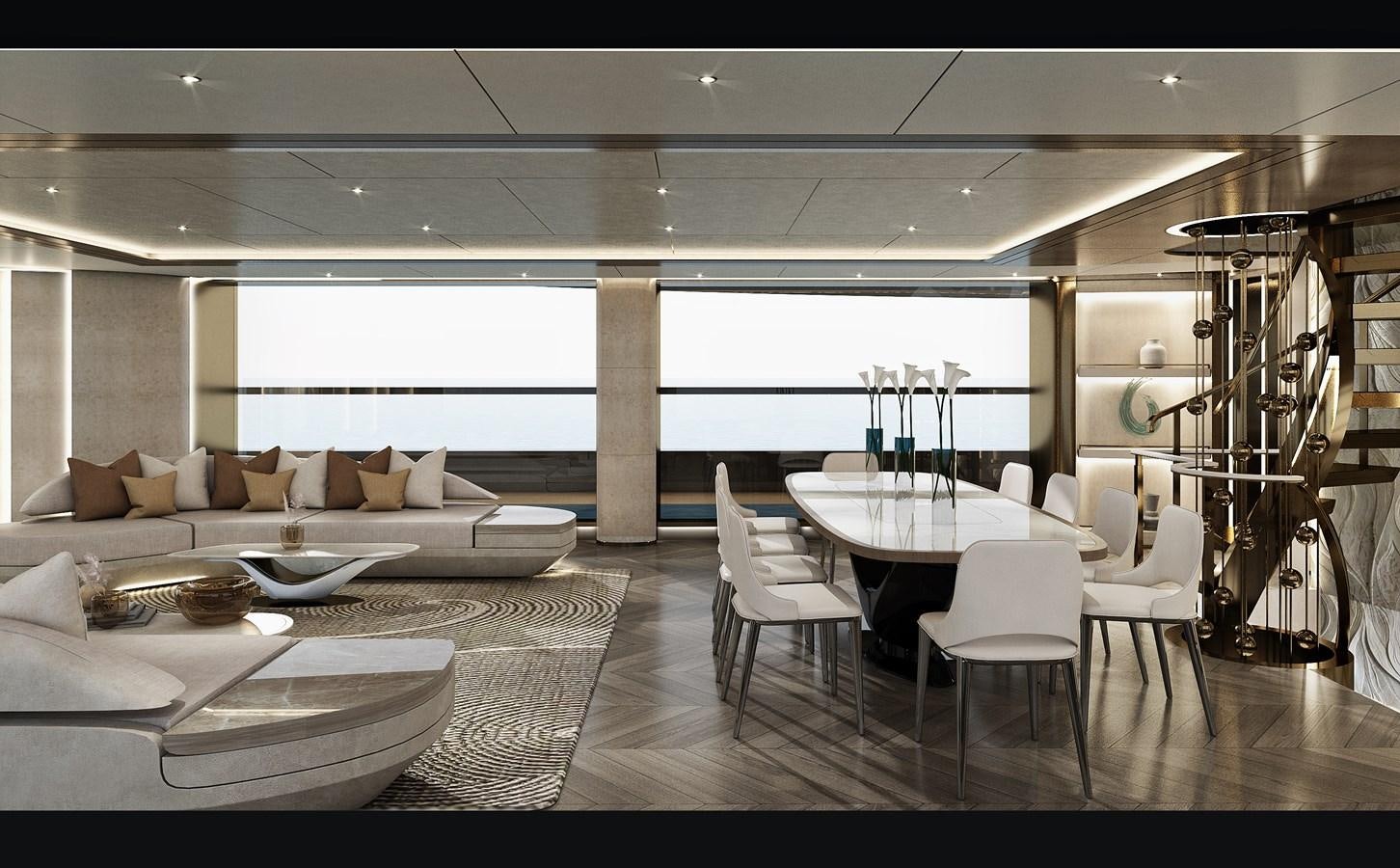 a room with a table and chairs aboard VIRTUS XP HULL 02 Yacht for Sale