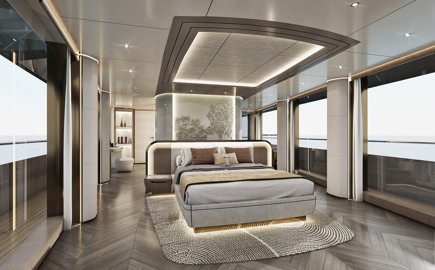 a large bedroom with a large bed aboard VIRTUS XP HULL 02 Yacht for Sale