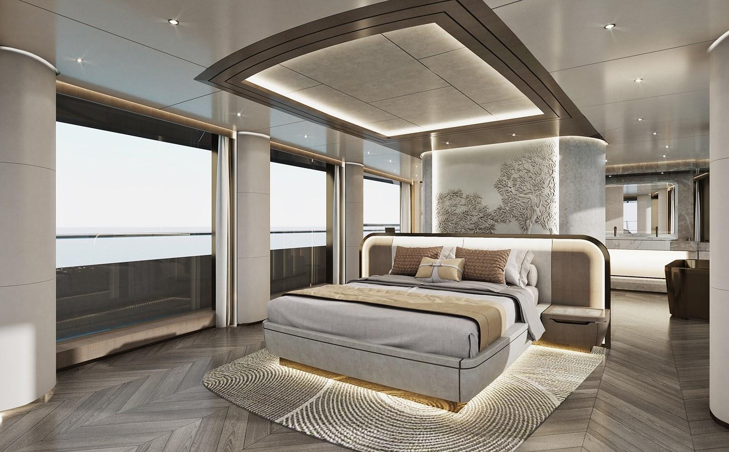 a large bedroom with a large bed aboard VIRTUS XP HULL 02 Yacht for Sale