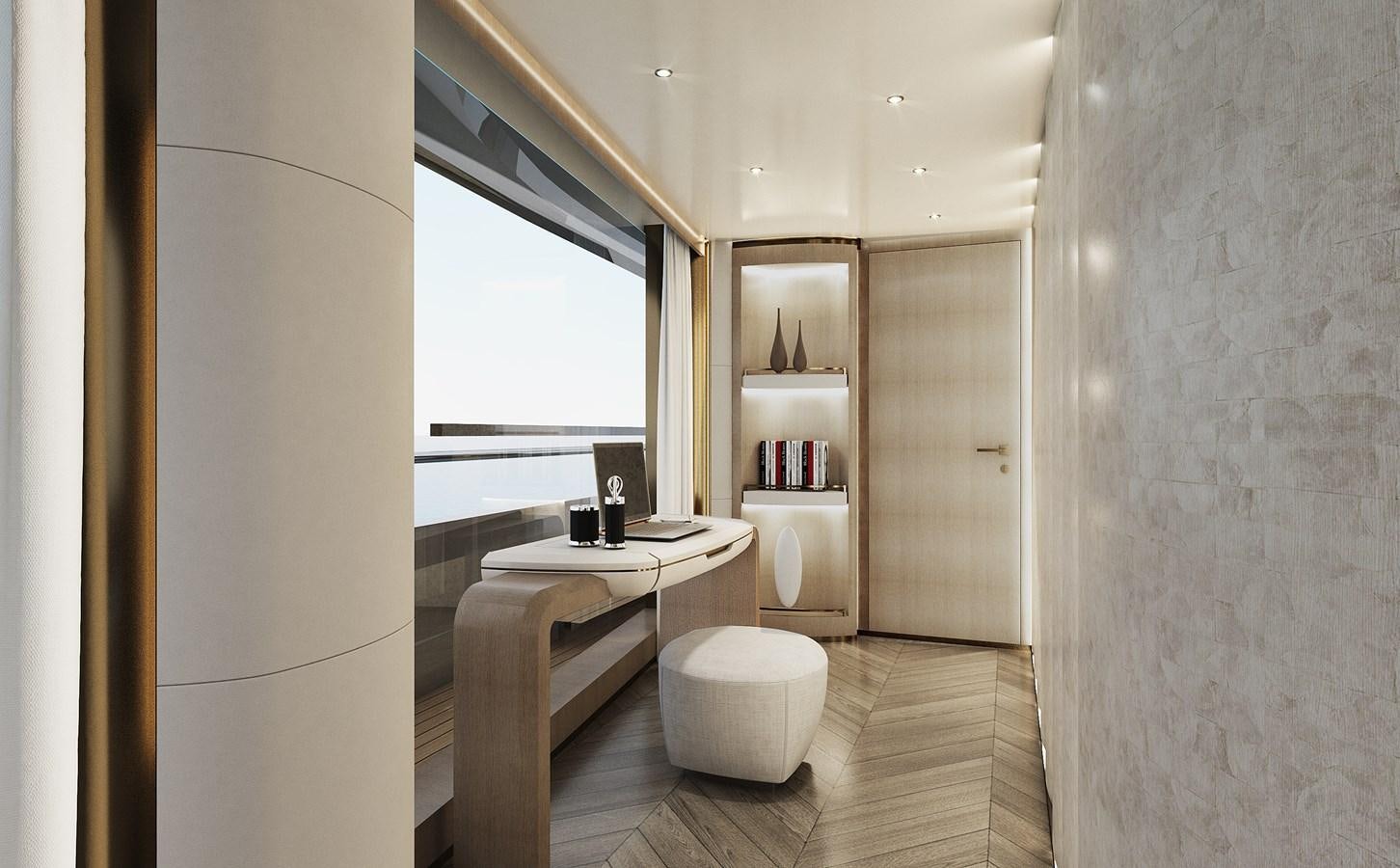 a room with a table and a window aboard VIRTUS XP HULL 02 Yacht for Sale