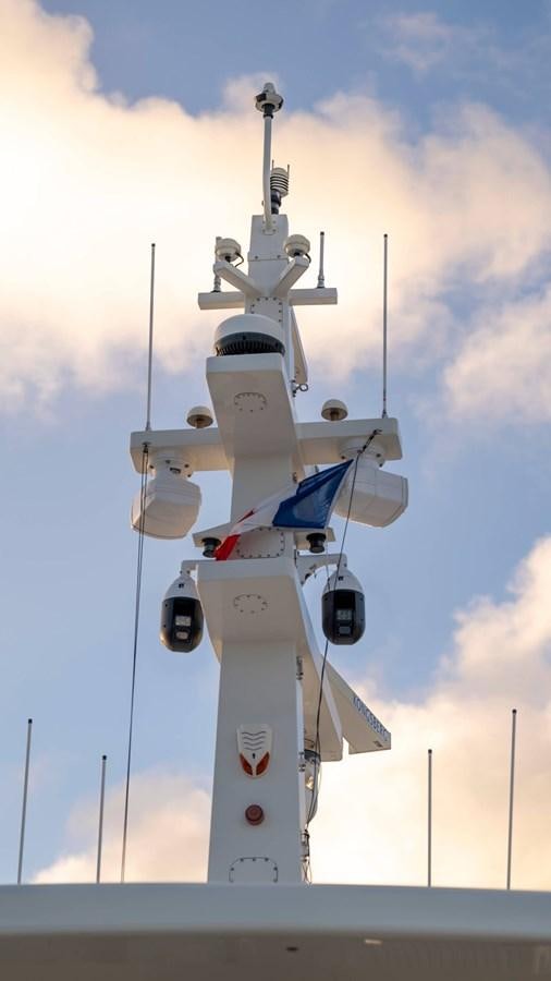 a white rocket on a platform aboard AMIKA Yacht for Sale