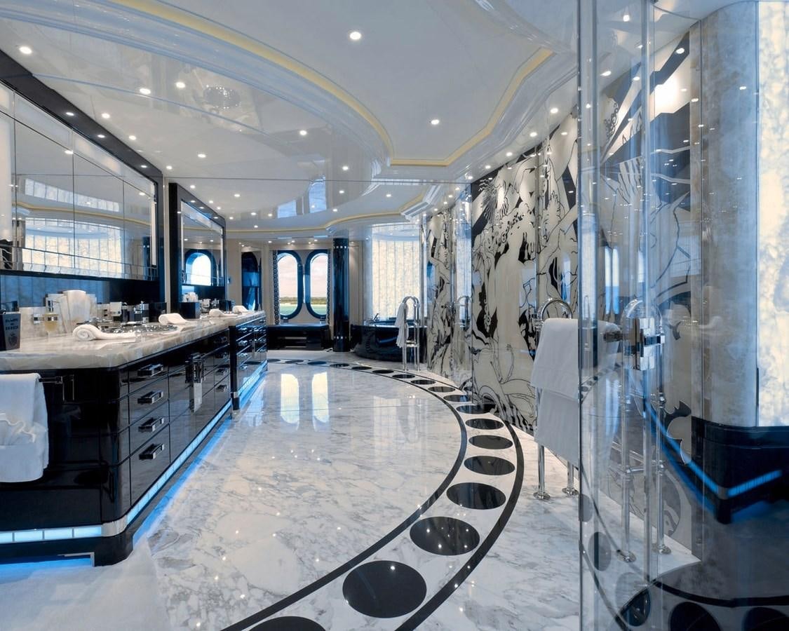 a large kitchen with a large glass wall aboard PHOENIX 2 Yacht for Sale