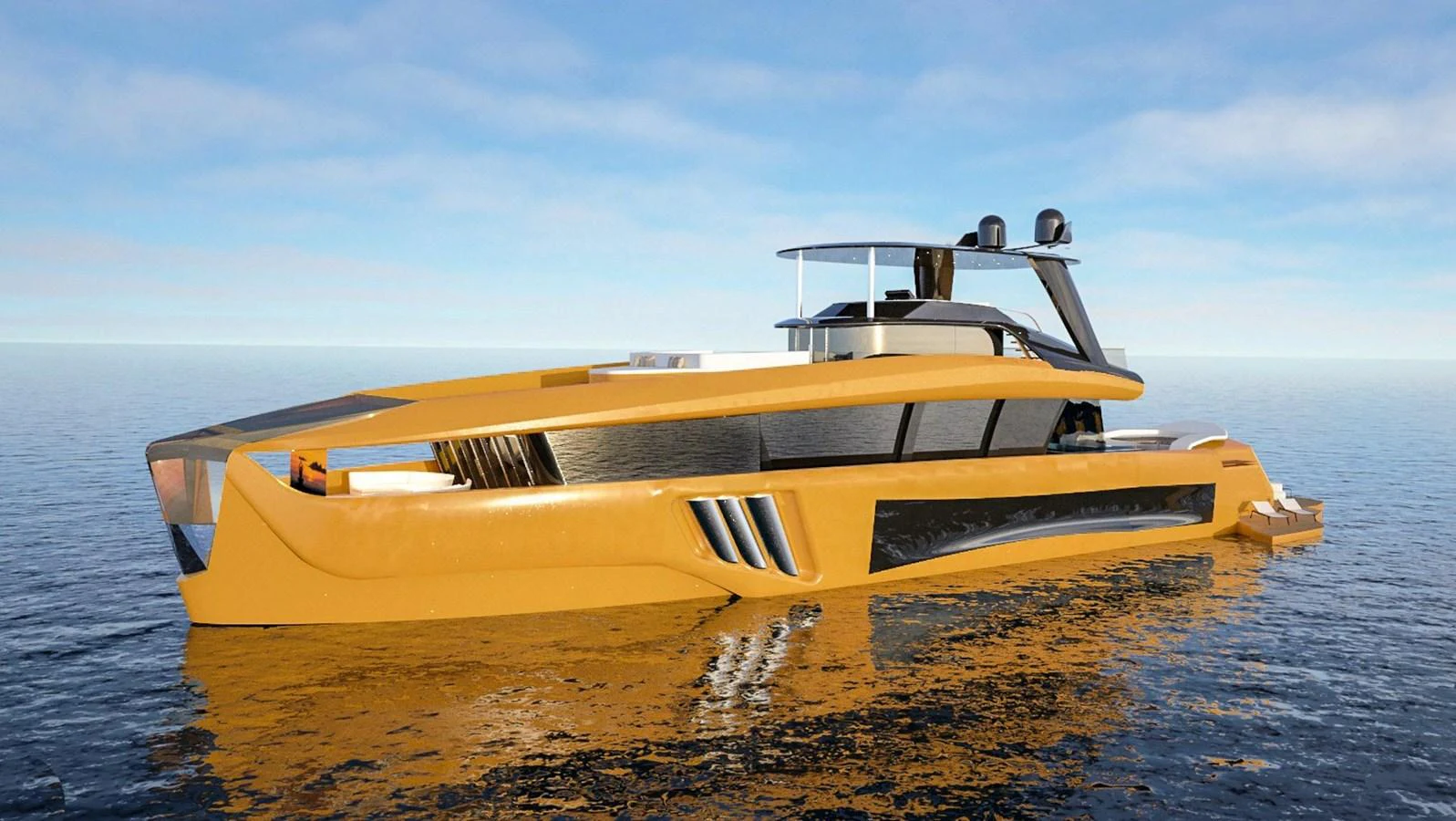 a yellow boat on the water aboard CUSTOM Yacht for Sale