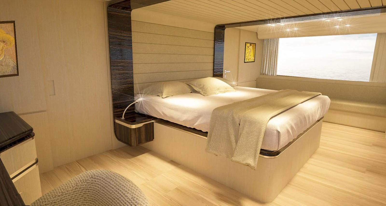 a bed in a room aboard CUSTOM Yacht for Sale