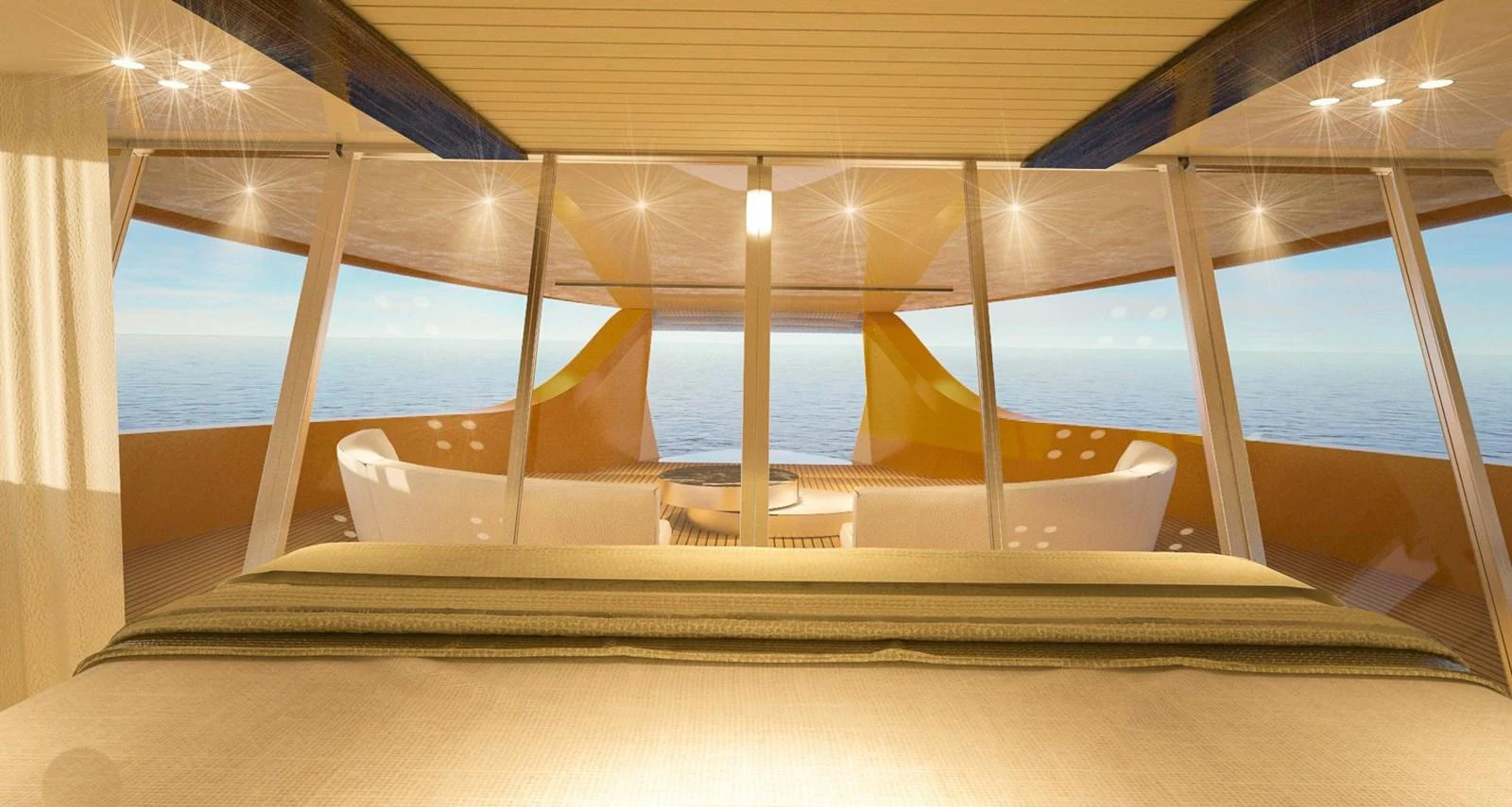 a bed with a canopy aboard CUSTOM Yacht for Sale
