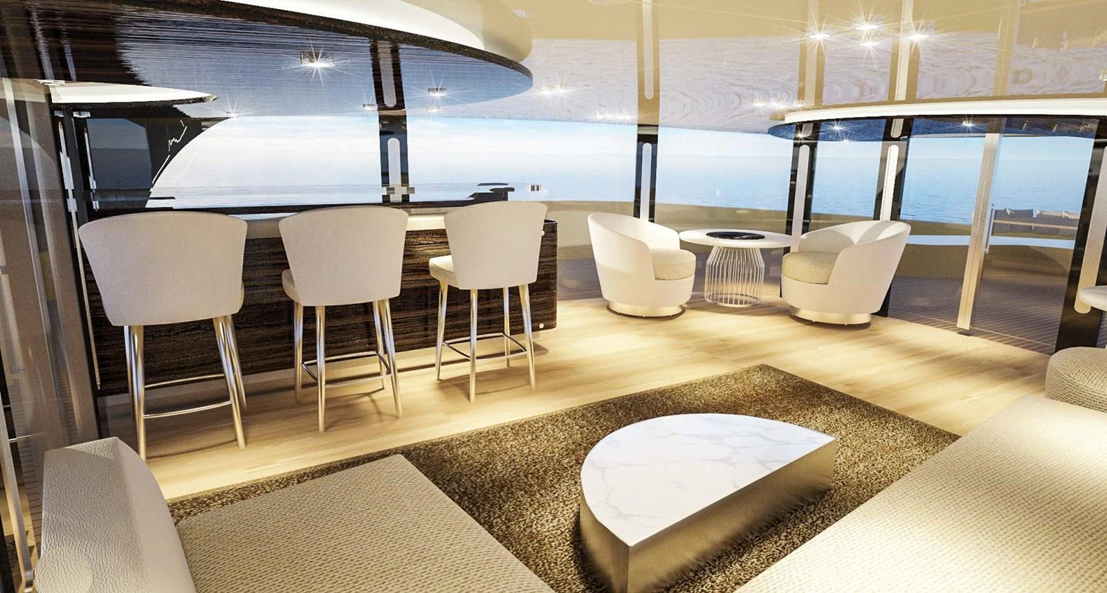 a room with a table chairs and a large window aboard CUSTOM Yacht for Sale