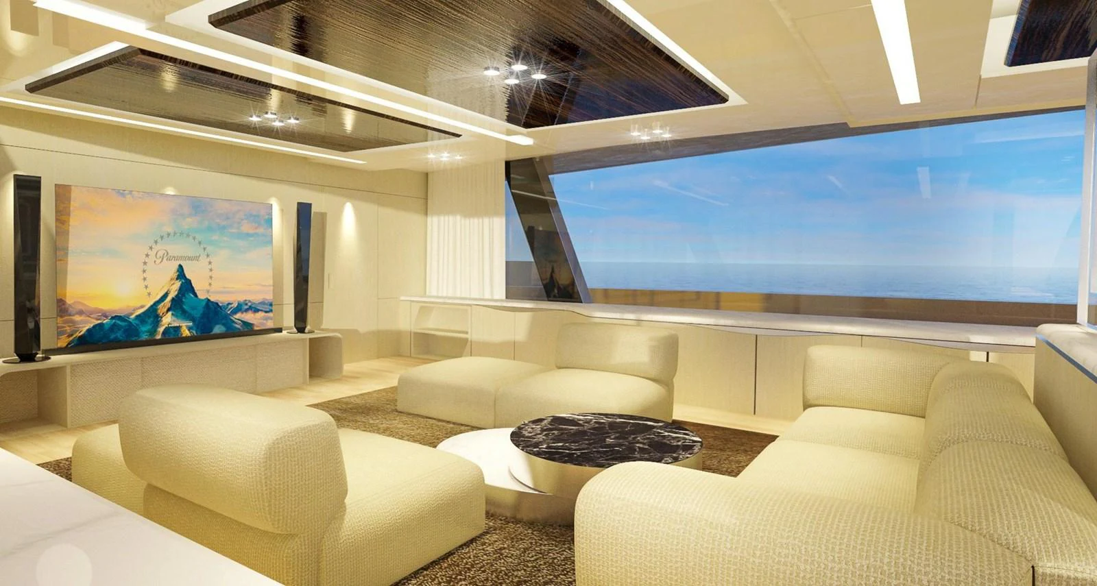 a room with couches and a tv aboard CUSTOM Yacht for Sale