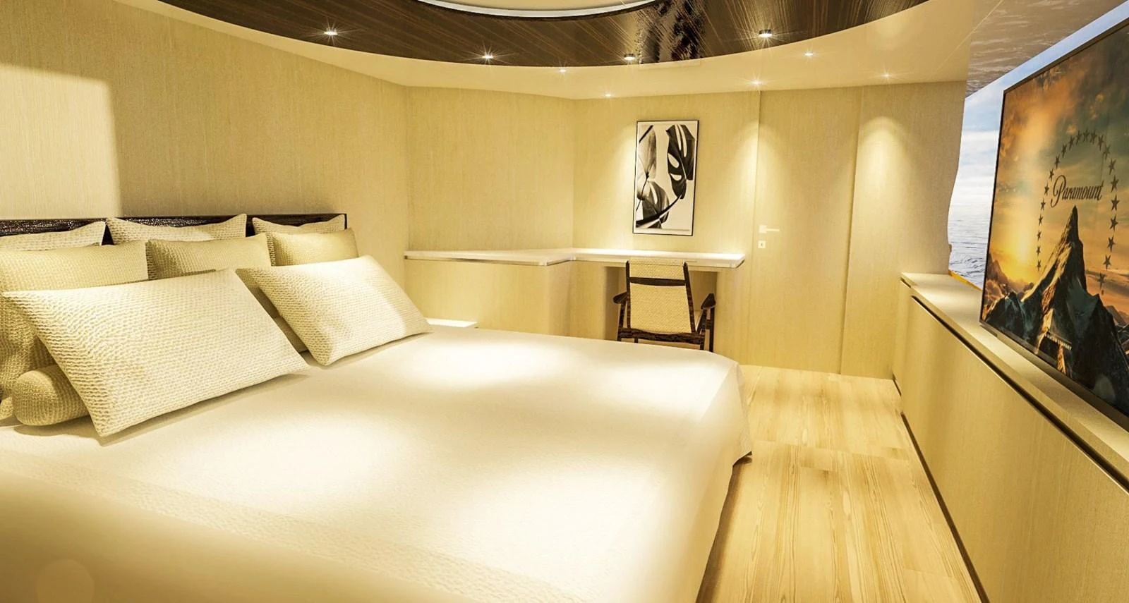 a bed with white sheets aboard CUSTOM Yacht for Sale