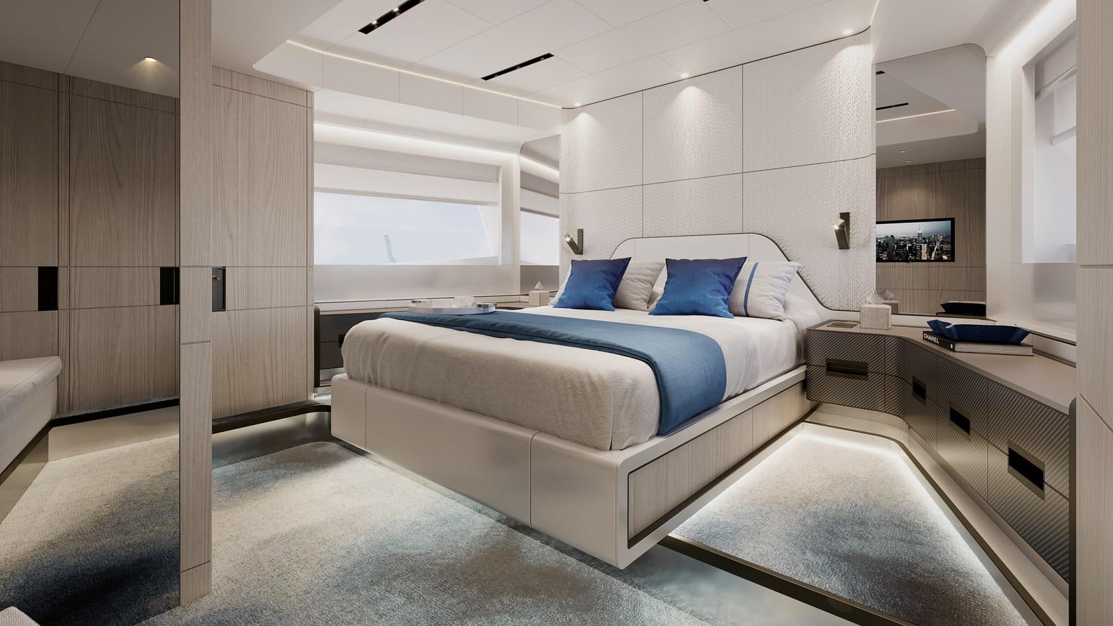 a room with a bed and desk aboard NEW GLADIATOR 961 SPEED Yacht for Sale