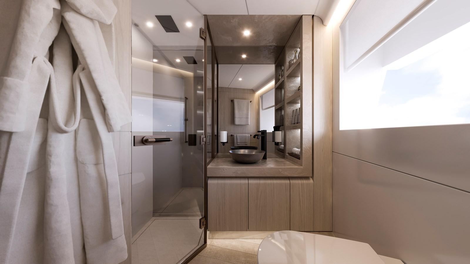 a bathroom with a robe on the wall aboard NEW GLADIATOR 961 SPEED Yacht for Sale