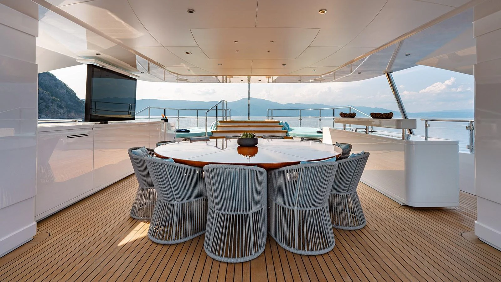 a room with a table and chairs aboard SEAGULL MRD Yacht for Sale