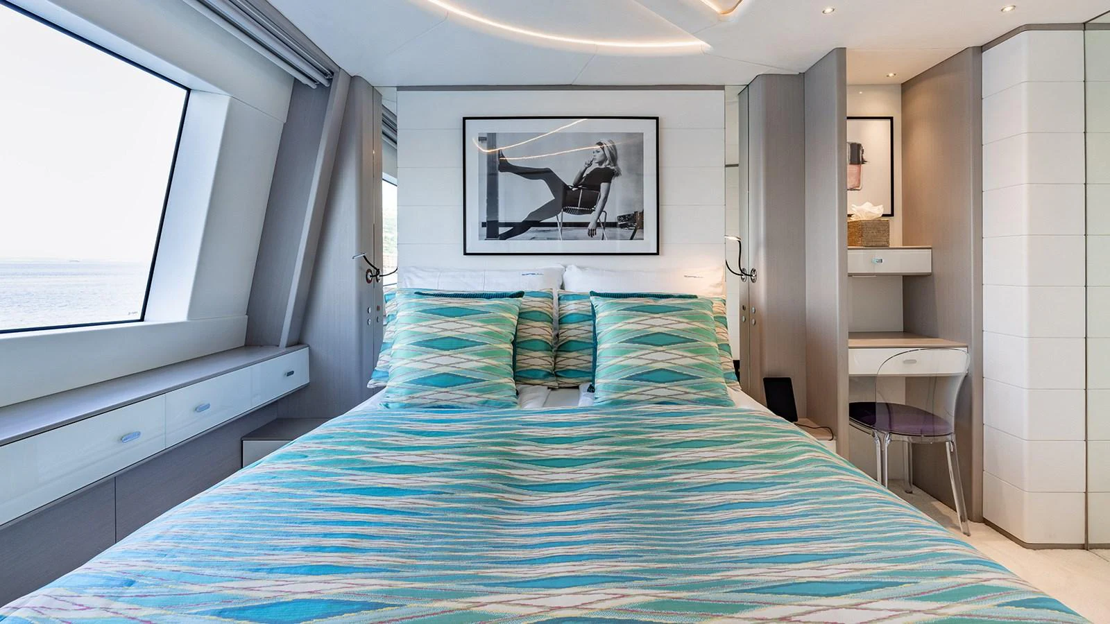 a bed in a room aboard SEAGULL MRD Yacht for Sale