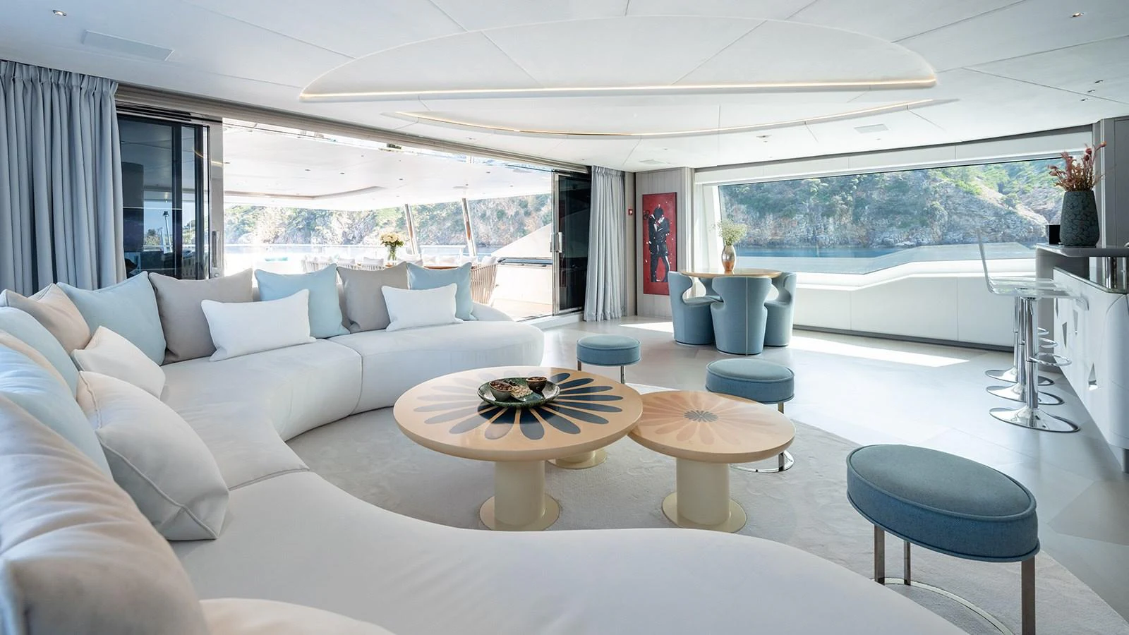 a living room with a large window aboard SEAGULL MRD Yacht for Sale