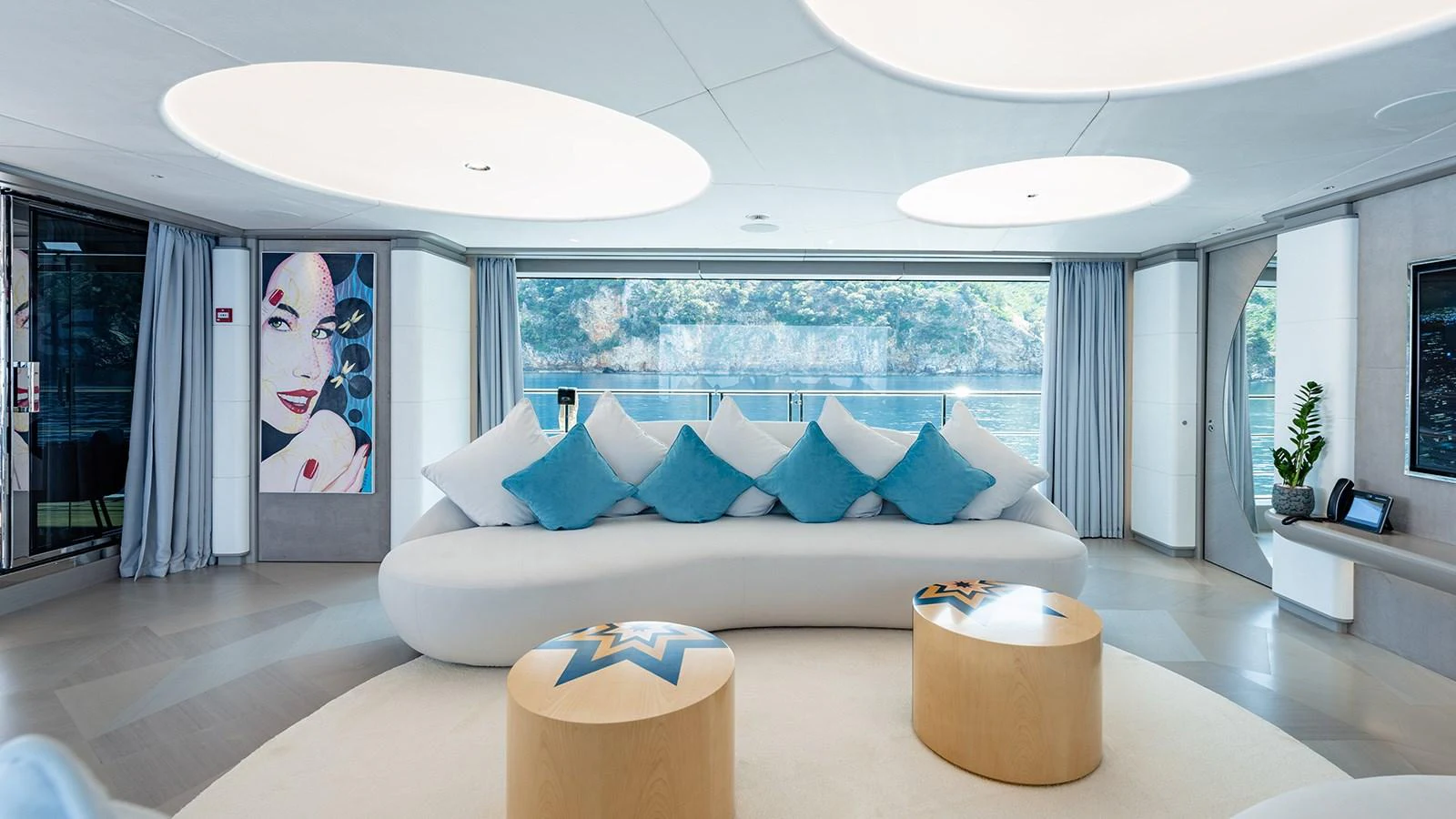 a white couch in a room aboard SEAGULL MRD Yacht for Sale