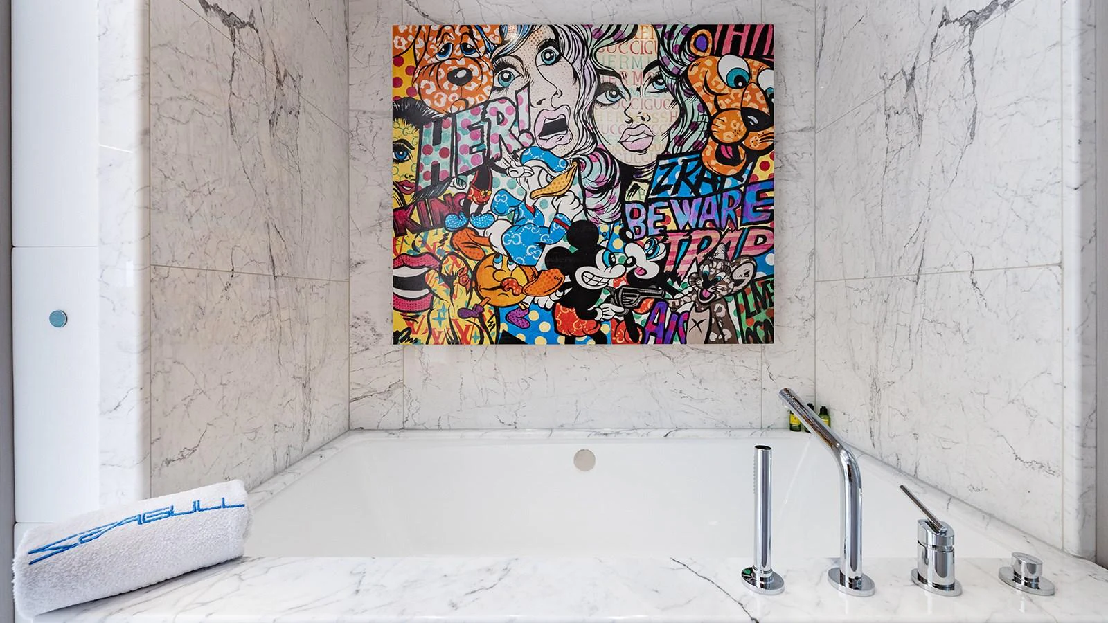 a large painting on a wall aboard SEAGULL MRD Yacht for Sale