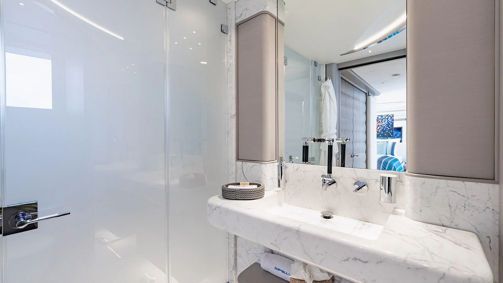 a bathroom with a sink and a mirror aboard SEAGULL MRD Yacht for Sale