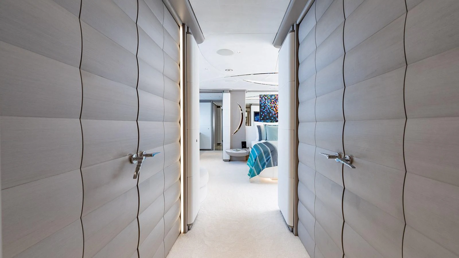 a hallway with white walls aboard SEAGULL MRD Yacht for Sale