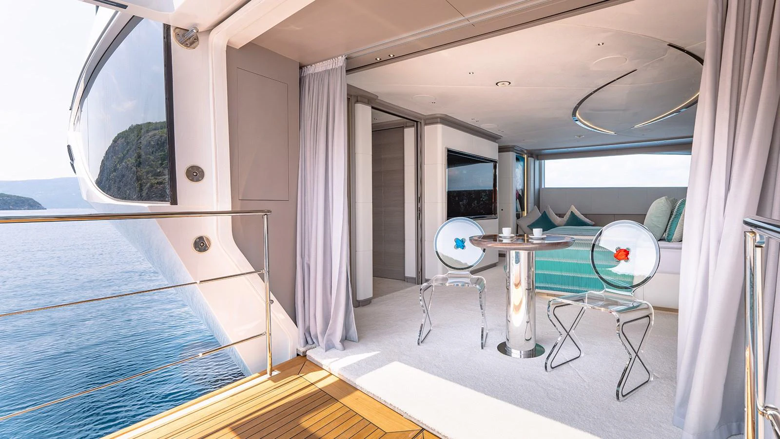 a boat with a table and chairs aboard SEAGULL MRD Yacht for Sale