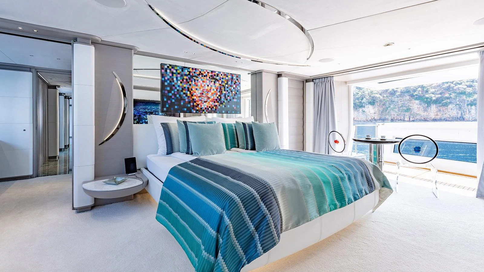 a bedroom with a large bed aboard SEAGULL MRD Yacht for Sale