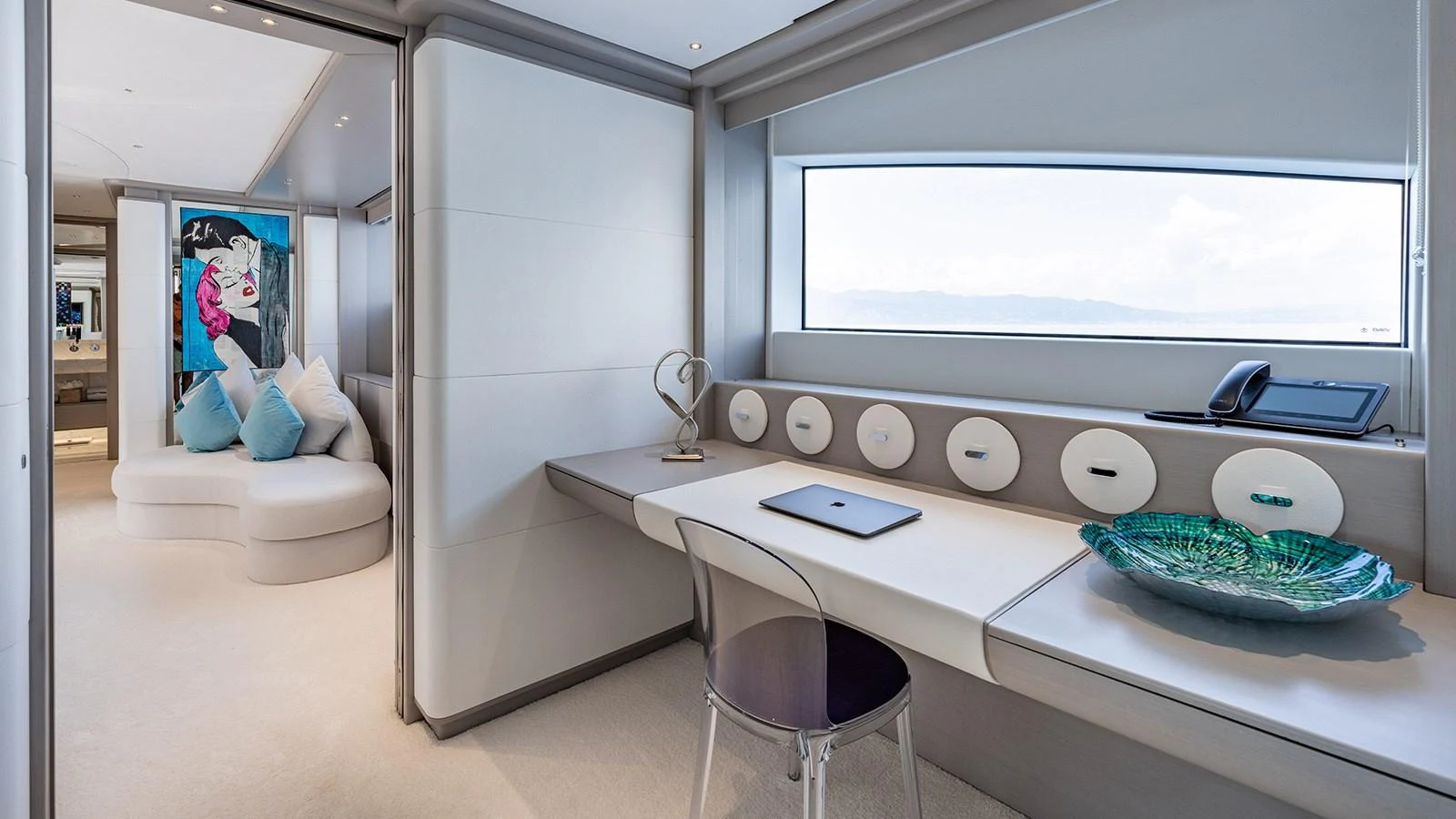a room with a desk and a tv aboard SEAGULL MRD Yacht for Sale