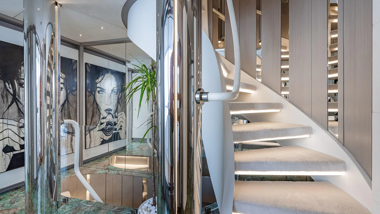 a staircase with glass doors aboard SEAGULL MRD Yacht for Sale