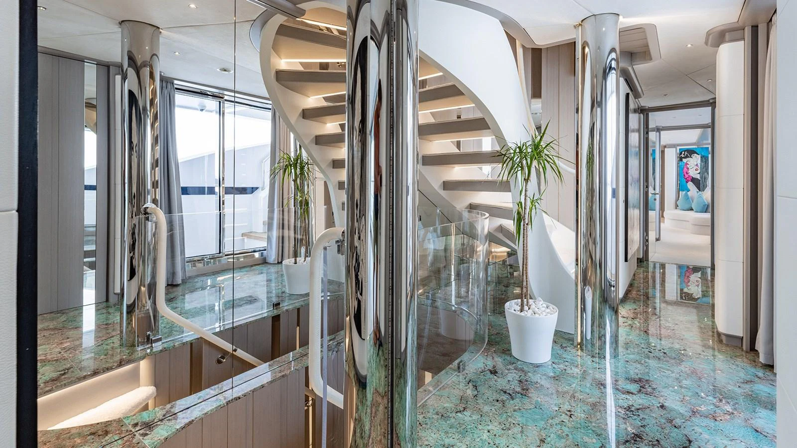 a hallway with glass walls aboard SEAGULL MRD Yacht for Sale
