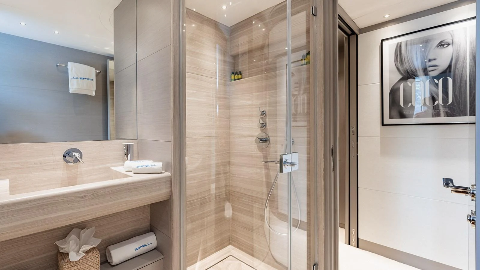 a bathroom with a glass shower aboard SEAGULL MRD Yacht for Sale