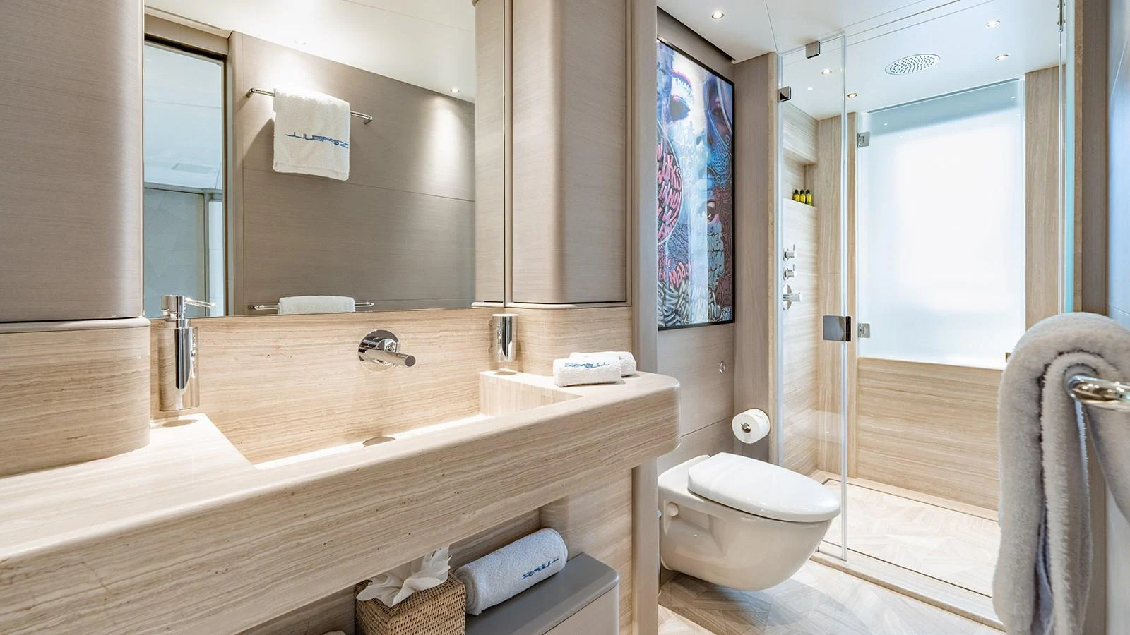 a bathroom with a large mirror aboard SEAGULL MRD Yacht for Sale