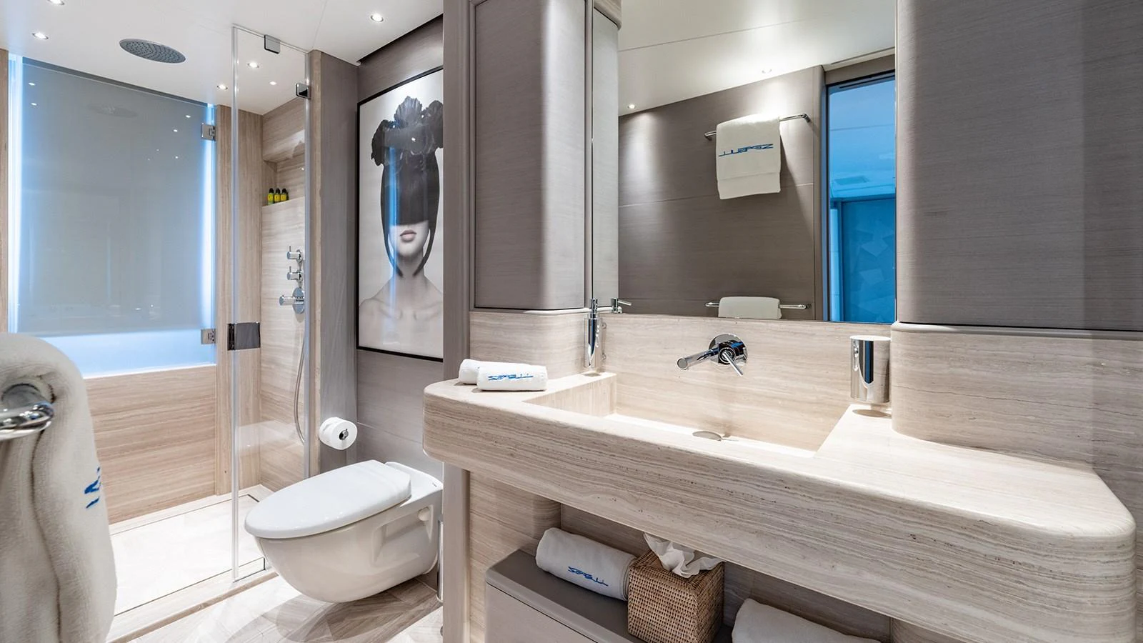 a bathroom with a large mirror aboard SEAGULL MRD Yacht for Sale