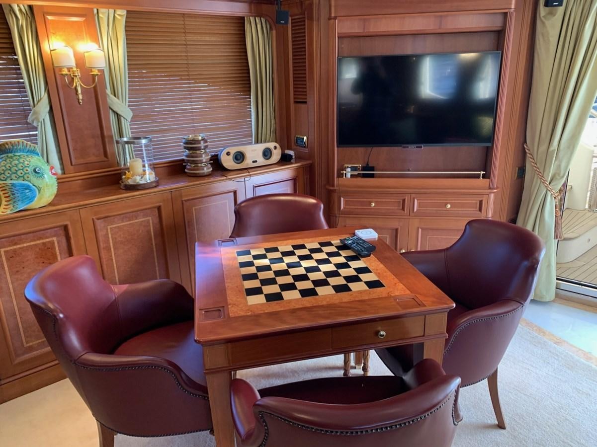a living room with a television and a table aboard DREAM ON II Yacht for Sale