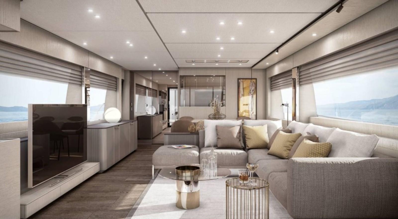 a living room with a large window aboard FERRETTI 920/29 Yacht for Sale