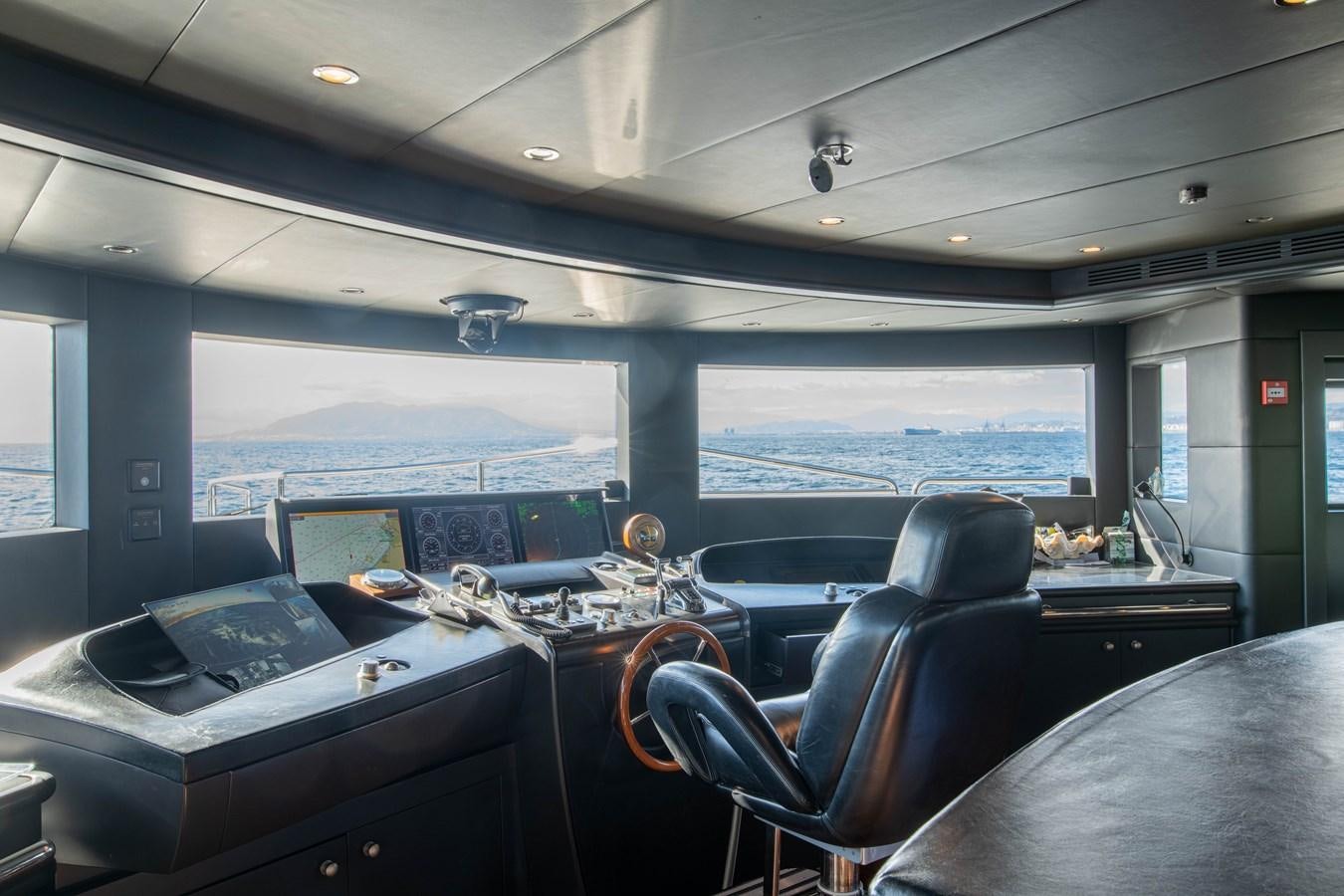 a room with a piano and a large window aboard CHECKMATE Yacht for Sale