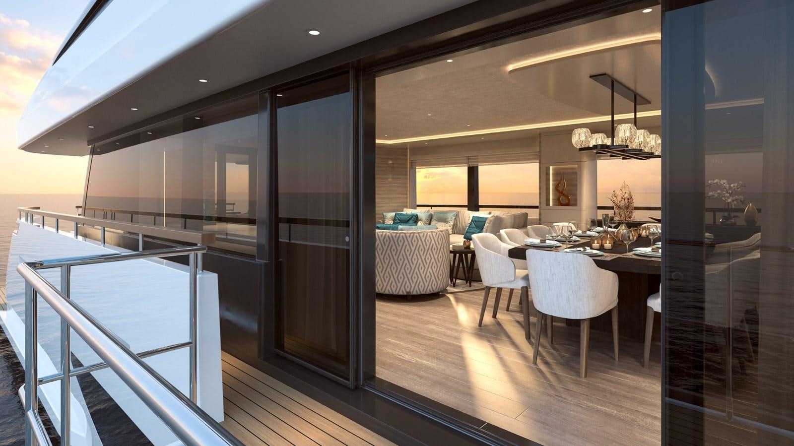 a room with tables and chairs aboard THE VESSEL Yacht for Sale